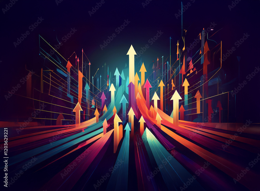 Poster vibrant, multicolored arrows converge and ascend towards a bright light, symbolizing growth, progres