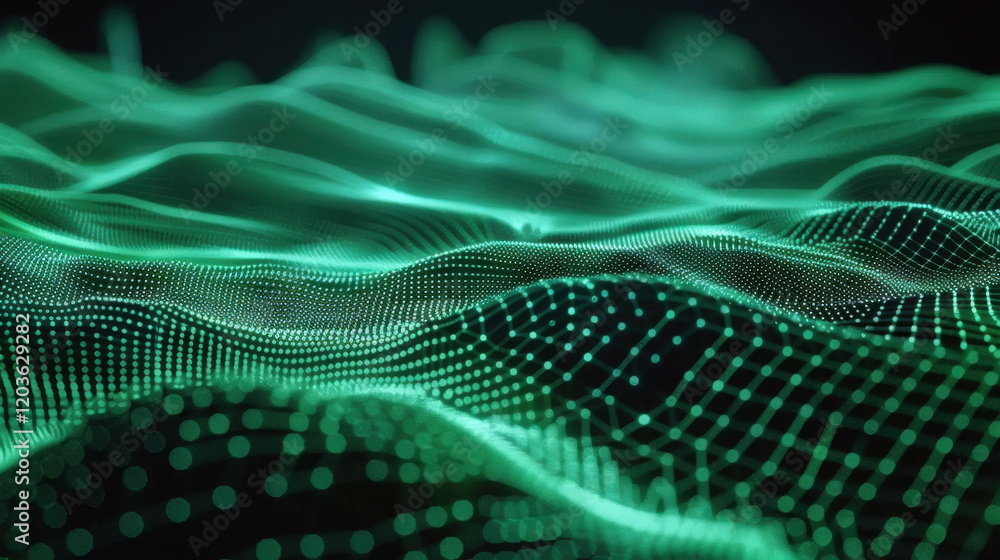 Poster digital wave patterns in green tones create mesmerizing visual effect, representing data flow and te