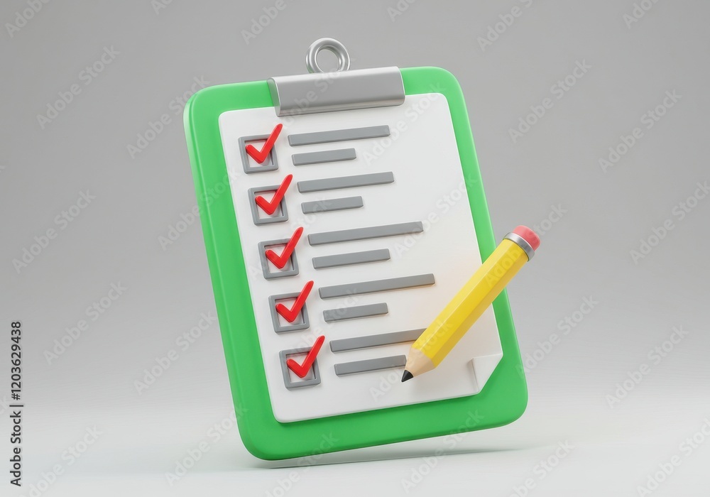 Poster a 3d illustration of a green clipboard with a white checklist featuring multiple red checkmarks