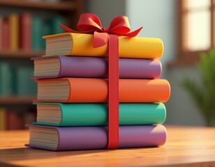 stack of books with a red bow