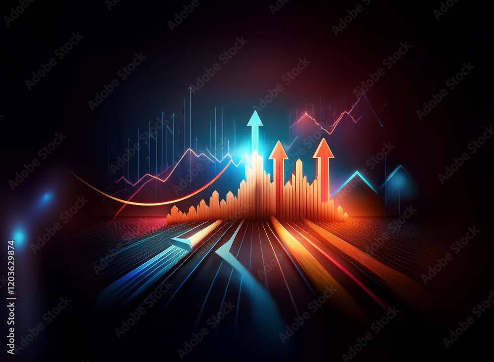 Poster Dynamic upward trending graphs illuminate a dark background, symbolizing growth and progress in a futuristic, technological context.  The vibrant colors and sleek design suggest rapid advancement.
