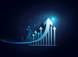 Upward trending arrow graph on dark blue background, showcasing growth and progress with glowing effect.  Represents success, data visualization, and future potential.