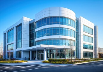 Modern Corporate Building Architecture with Sleek Glass Facade and Contemporary Design Set Against a Clear Blue Sky in an Urban Environment
