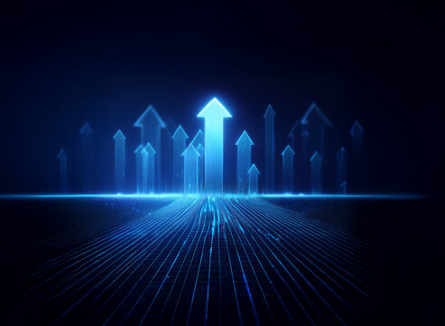 Glowing blue arrows ascend from a digital horizon, symbolizing growth, progress, and technological advancement.  A central arrow leads the way.