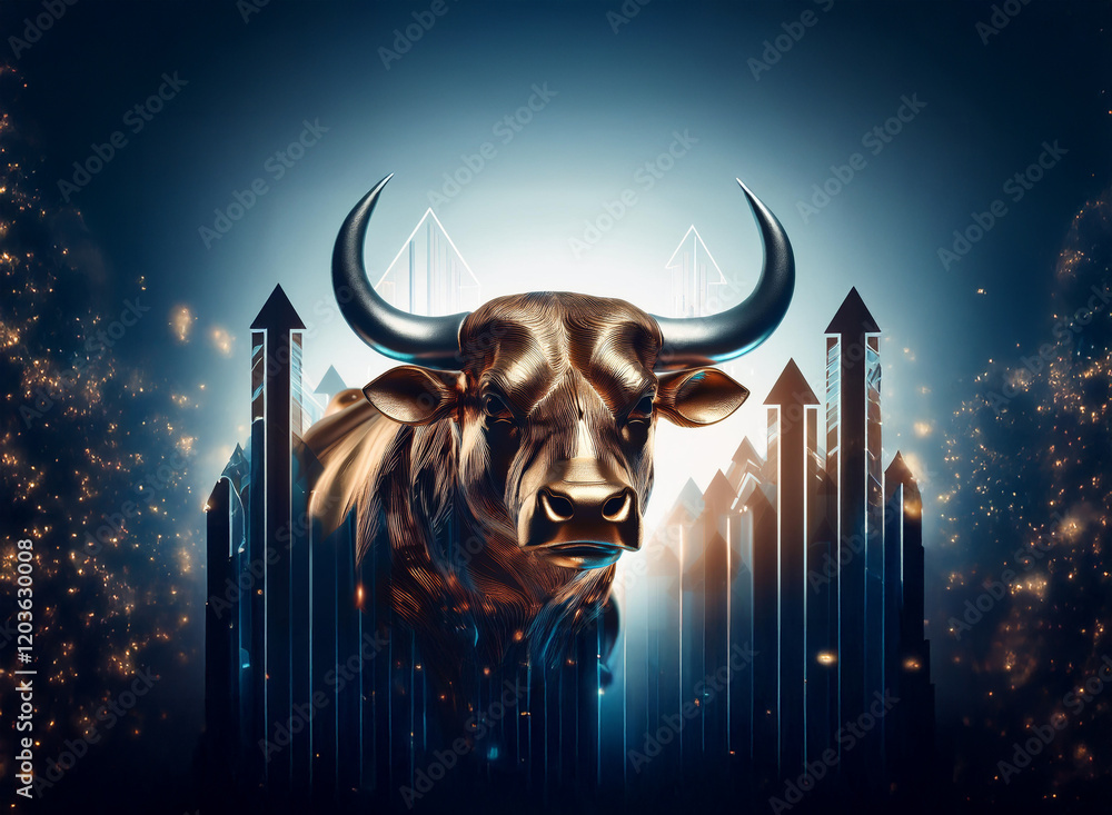 Aufkleber a powerful bronze bull stands majestically against a backdrop of glowing upward-pointing arrows, sym