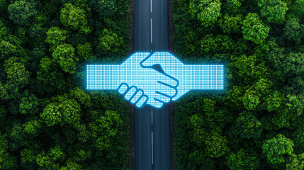 Digital Concept of Partnership Over a Road Surrounded by Lush Green Trees