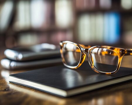 Tortoise Shell Eyeglasses on Notebook with Blurred Library Background