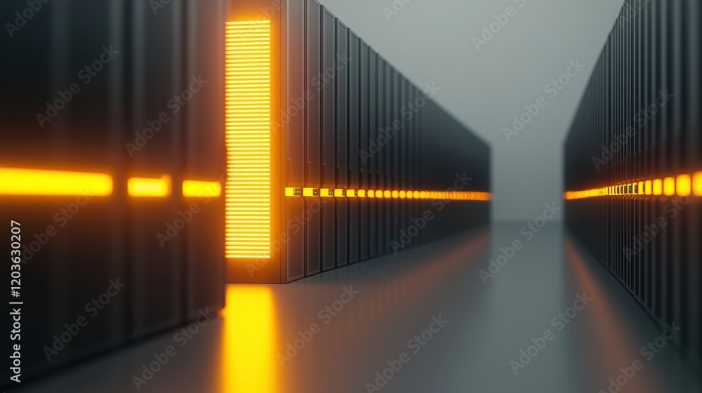 Poster futuristic data center with glowing interfaces and modern server racks