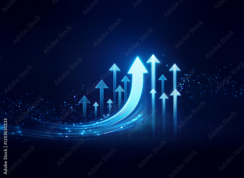 Poster glowing blue arrows ascend on a dark background, symbolizing growth, progress, and technological adv