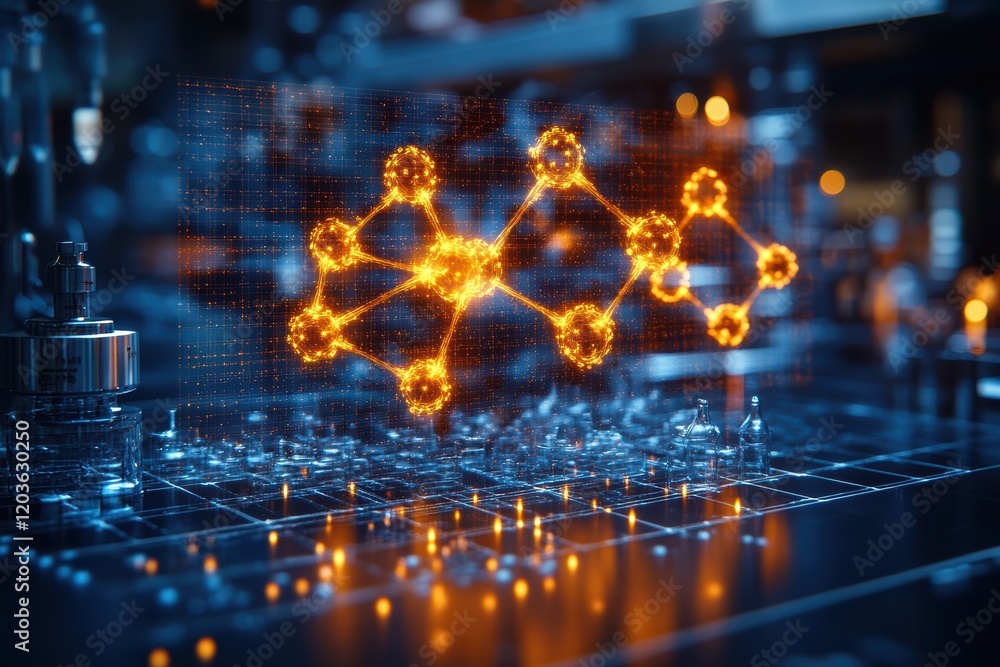 Poster visualization of a complex molecular structure in a futuristic laboratory setting