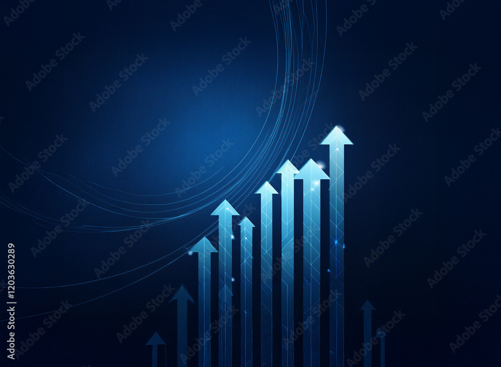 Poster abstract image depicting upward-trending glowing arrows on a dark blue background with concentric ci