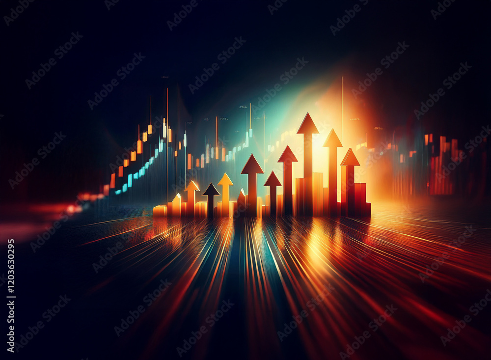 Aufkleber Illuminated arrows ascend above a dynamic graph, symbolizing rapid growth and upward financial trends in a dark, futuristic setting.  Light trails suggest speed and progress.
