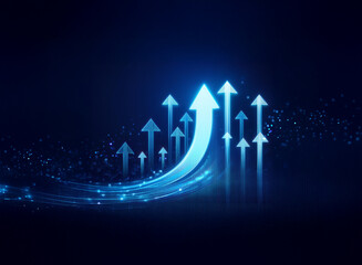 Glowing blue arrows ascend on a dark background, symbolizing growth, progress, and technological advancement.  The design incorporates dynamic lines and sparkling particles.