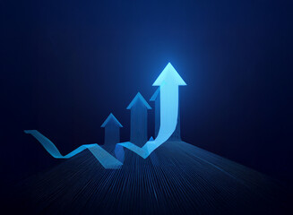 Glowing blue arrows ascend, symbolizing growth and overcoming initial challenges.  A wave-like line represents initial setbacks before the upward trajectory.