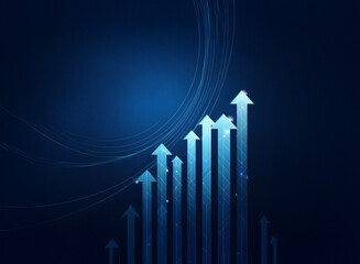 Abstract image depicting upward-trending glowing arrows on a dark blue background with concentric circles.  Represents growth, progress, and success.