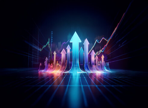 Glowing arrows ascend against a backdrop of dynamic financial charts, symbolizing growth and upward trends in the market.  A futuristic, technological aesthetic underscores the image's theme of progre
