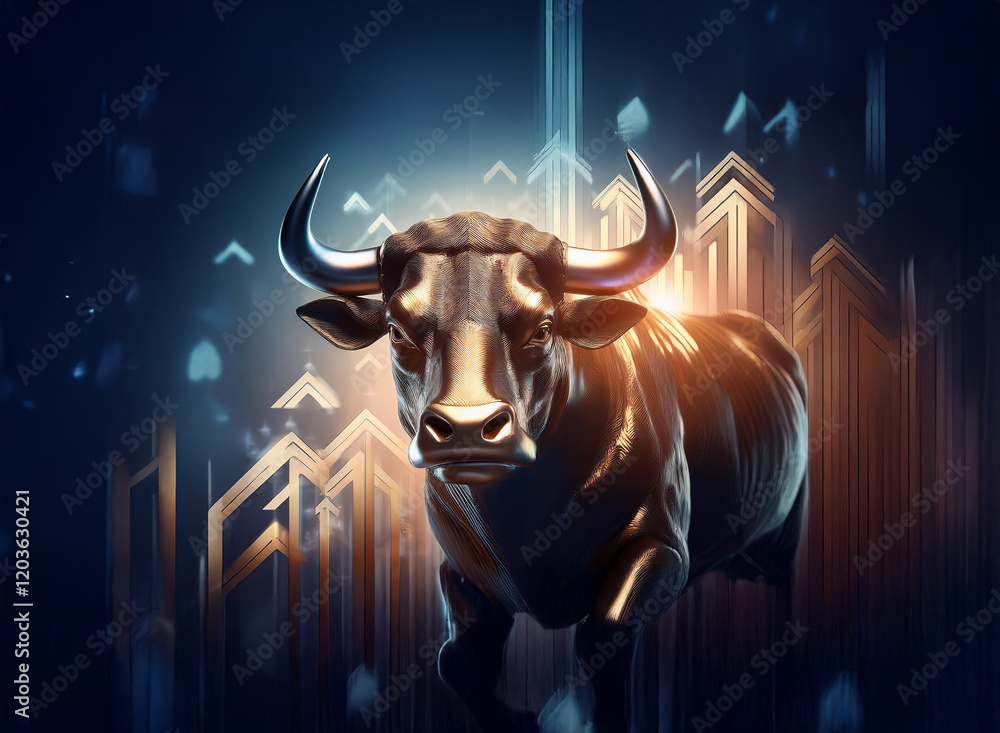 Poster A powerful metallic bull charges forward, symbolizing financial growth and upward trends.  Golden arrows ascend behind it, creating a dynamic image of market prosperity.