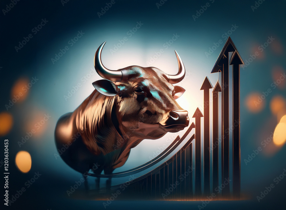 Poster a bronze bull statue, symbolizing financial growth, stands majestically before a rising graph, its u