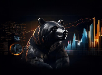A powerful black bear statue sits majestically against a backdrop of dynamic stock market charts and city lights, symbolizing market trends.