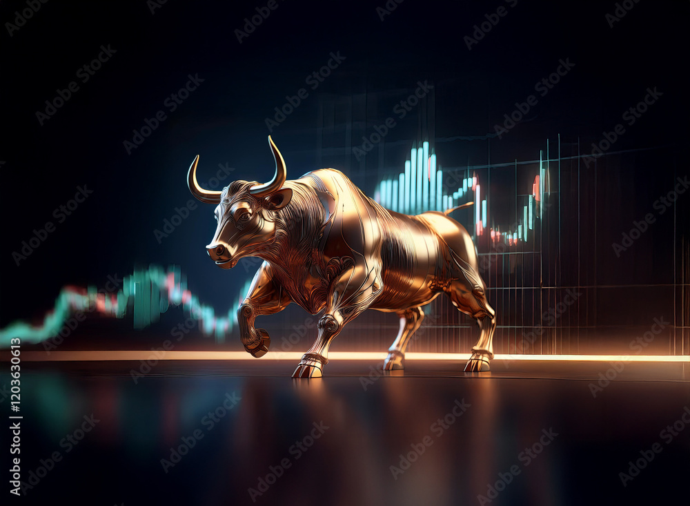 Aufkleber a powerful golden bull statue charges forward against a backdrop of dynamic stock market charts, sym