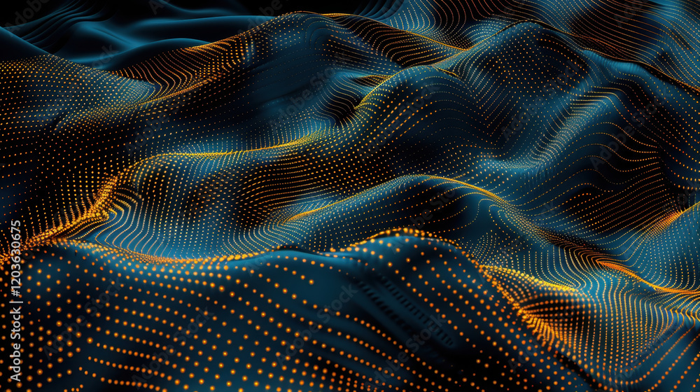 Poster digital landscape with flowing waves and glowing dots in blue and orange tones, creating mesmerizing