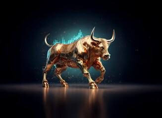 A powerful golden bull statue, rendered in 3D, charges forward.  Glowing blue financial charts emanate from its back, symbolizing market growth and strength.  Dark background enhances the metallic gle