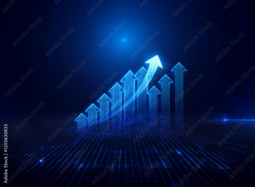 Poster glowing blue arrows ascend, forming a dynamic upward trend on a dark grid background, symbolizing gr