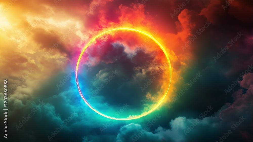 Aufkleber 3d render, a colorful neon light ring on a dark background with fog and clouds in the shape of a cir