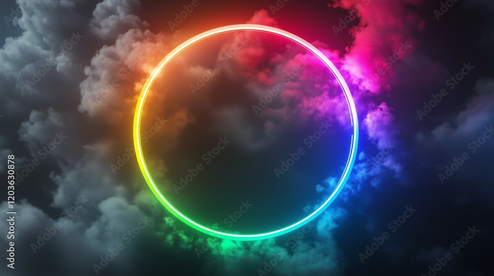 Aufkleber 3d render, a colorful neon light ring on a dark background with fog and clouds in the shape of a cir