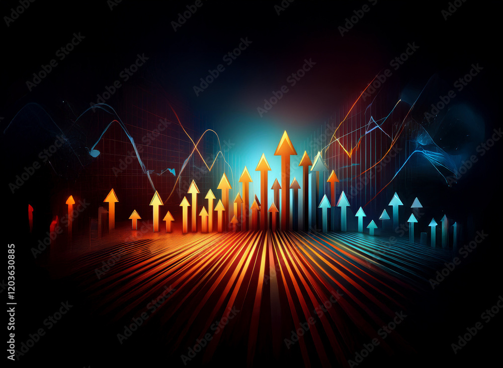 Poster Abstract digital art depicting upward trending arrows on a dark, glowing background with dynamic lines suggesting growth and progress.