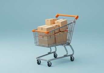 A 3D illustration of a metallic shopping cart filled with cardboard boxes, symbolizing online shopping or retail