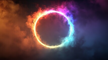 Obraz premium 3D render, a colorful neon light ring on a dark background with fog and clouds in the shape of a circular frame. Abstract wallpaper with a glowing round lamp in the sky