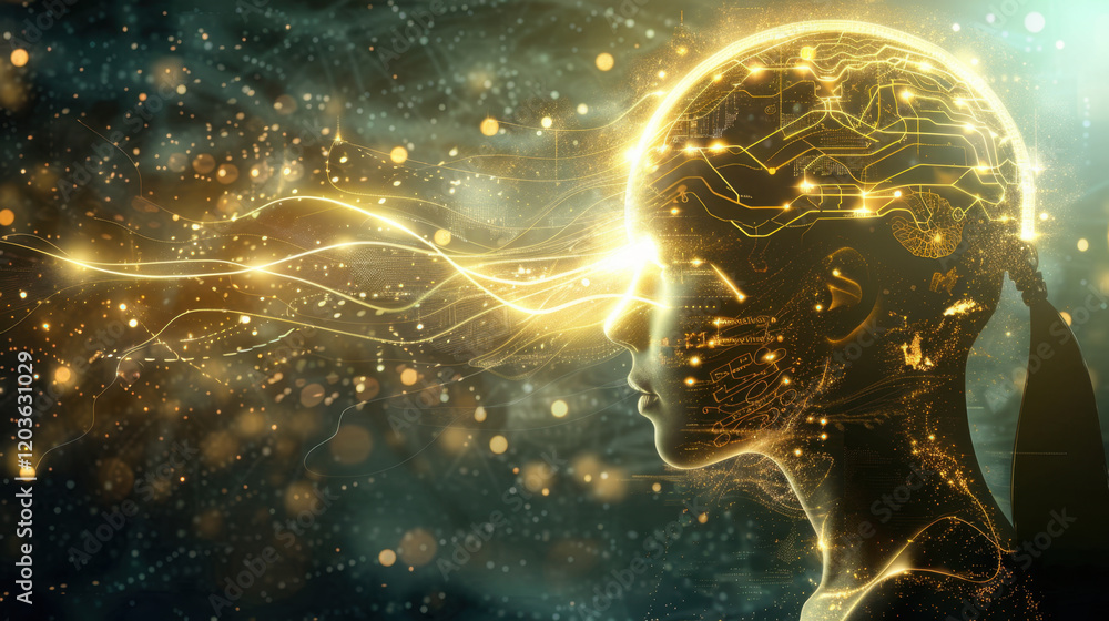Poster futuristic digital human head with glowing circuits and data streams, symbolizing artificial intelli