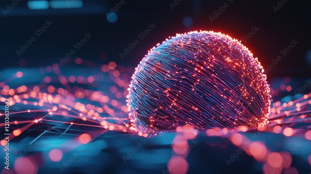 Poster futuristic abstract sphere with illuminated lines and particles in dynamic motion