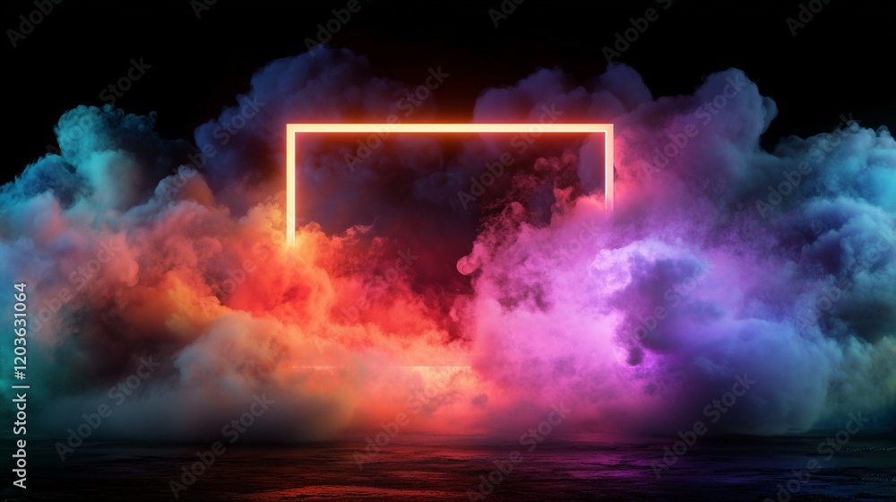 Poster 3d render of an abstract cloud illuminated with a neon light square frame. glowing geometric shapes 