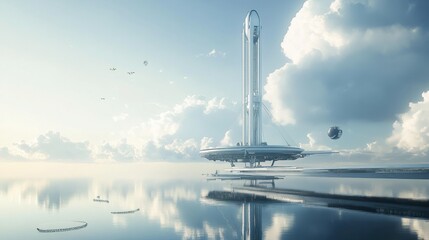 A serene depiction of a futuristic space elevator connecting Earth to orbit