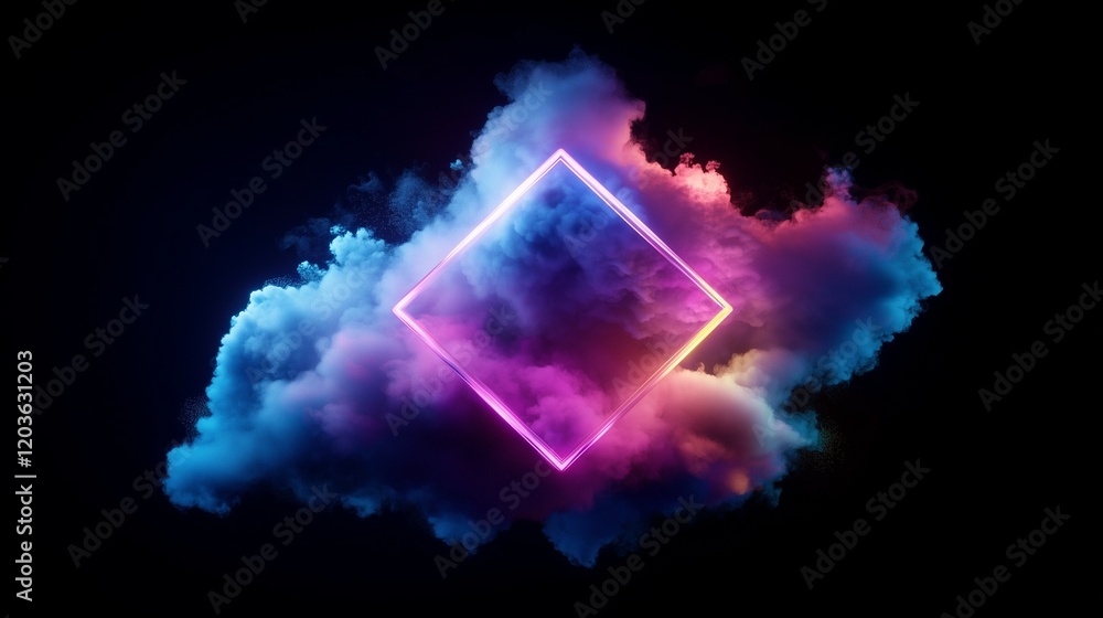 Aufkleber 3d render, abstract cloud illuminated with neon light and geometric frame on a dark background. glow