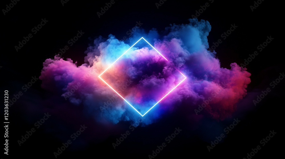 Poster 3D render, abstract cloud illuminated with neon light and geometric frame on a dark background. Glowing square shape surrounded by colorful smoke
