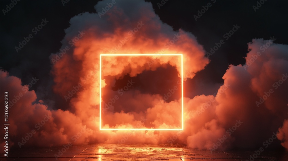 Aufkleber 3d render of an abstract cloud illuminated with a neon light square frame. glowing geometric shapes 
