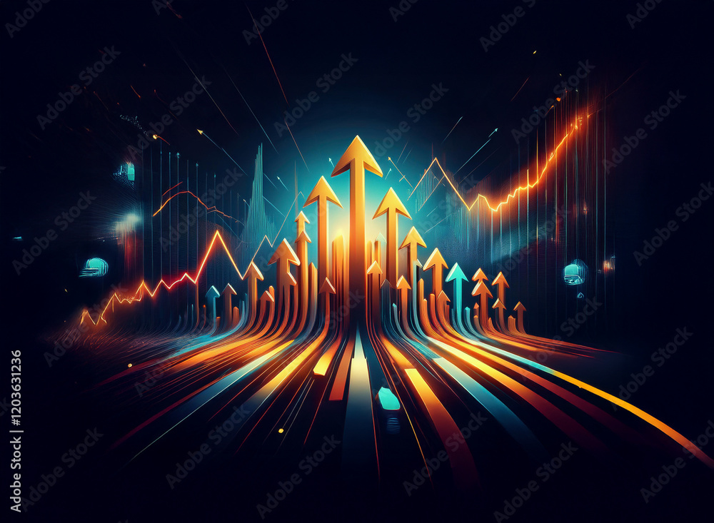 Poster dynamic upward trending arrows form a glowing path against a backdrop of vibrant data charts, symbol
