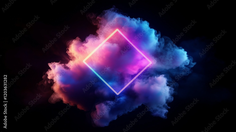Aufkleber 3d render, abstract cloud illuminated with neon light and geometric frame on a dark background. glow