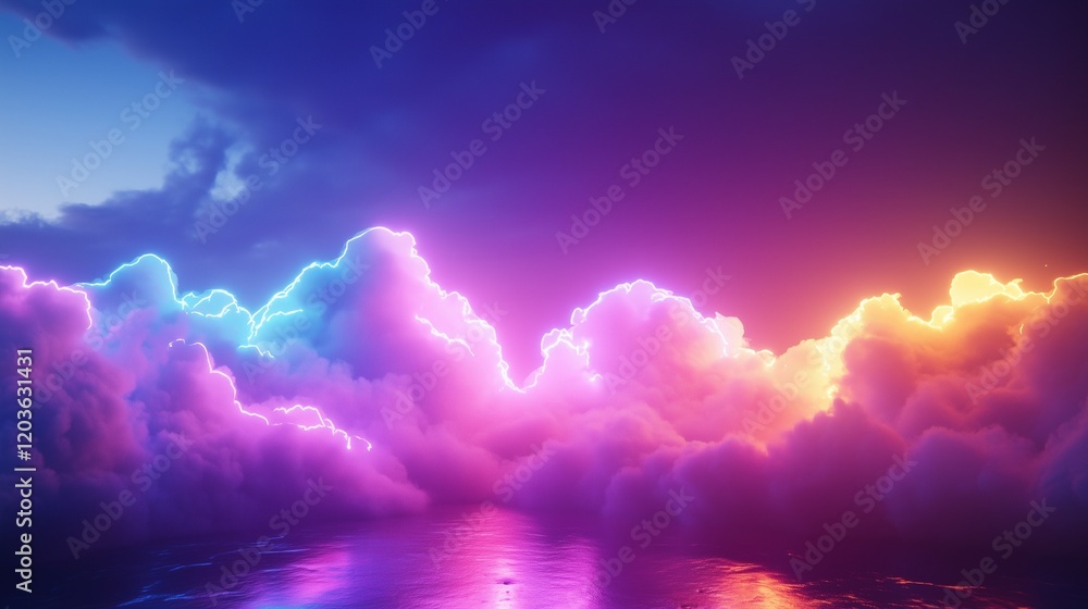Poster 3d render, abstract clouds illuminated with neon light rays on a dark background, glowing lines, and