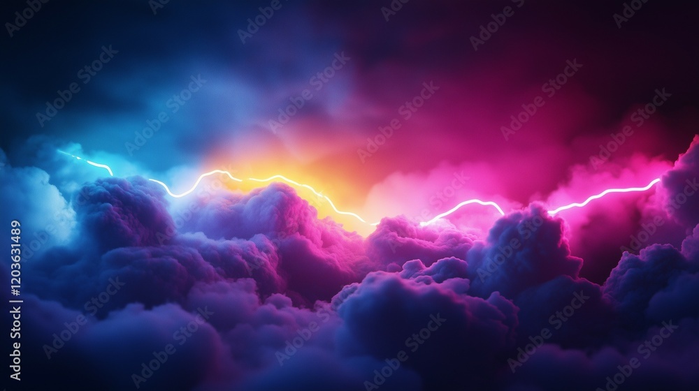 Poster 3d render, abstract clouds illuminated with neon light rays on a dark background, glowing lines, and