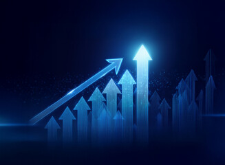 Glowing blue arrows ascend, symbolizing growth, progress, and upward trajectory in a dark blue, digital environment.  Sparkling particles add a futuristic feel.