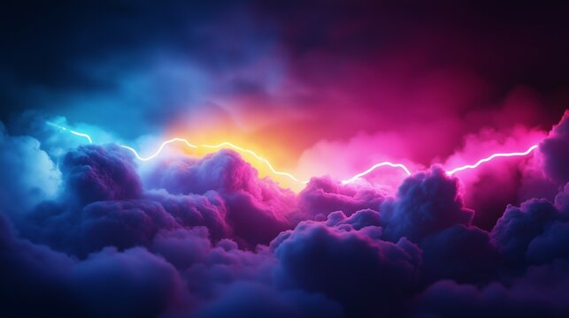 3D render, abstract clouds illuminated with neon light rays on a dark background, glowing lines, and the colorful glow of volumetric fog in the sky