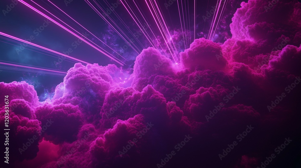 Aufkleber 3d render, abstract clouds illuminated with neon light rays on a dark background, glowing lines, and