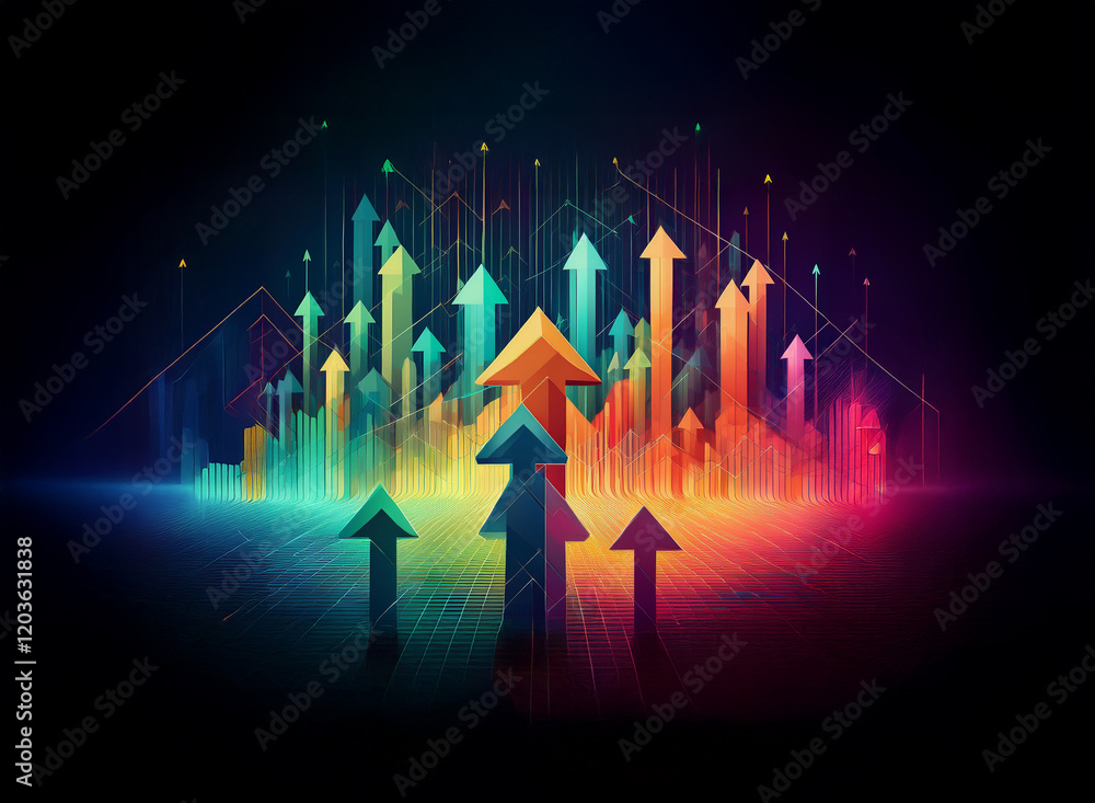Poster vibrant, multicolored arrows ascend on a dark background, symbolizing growth, progress, and upward t