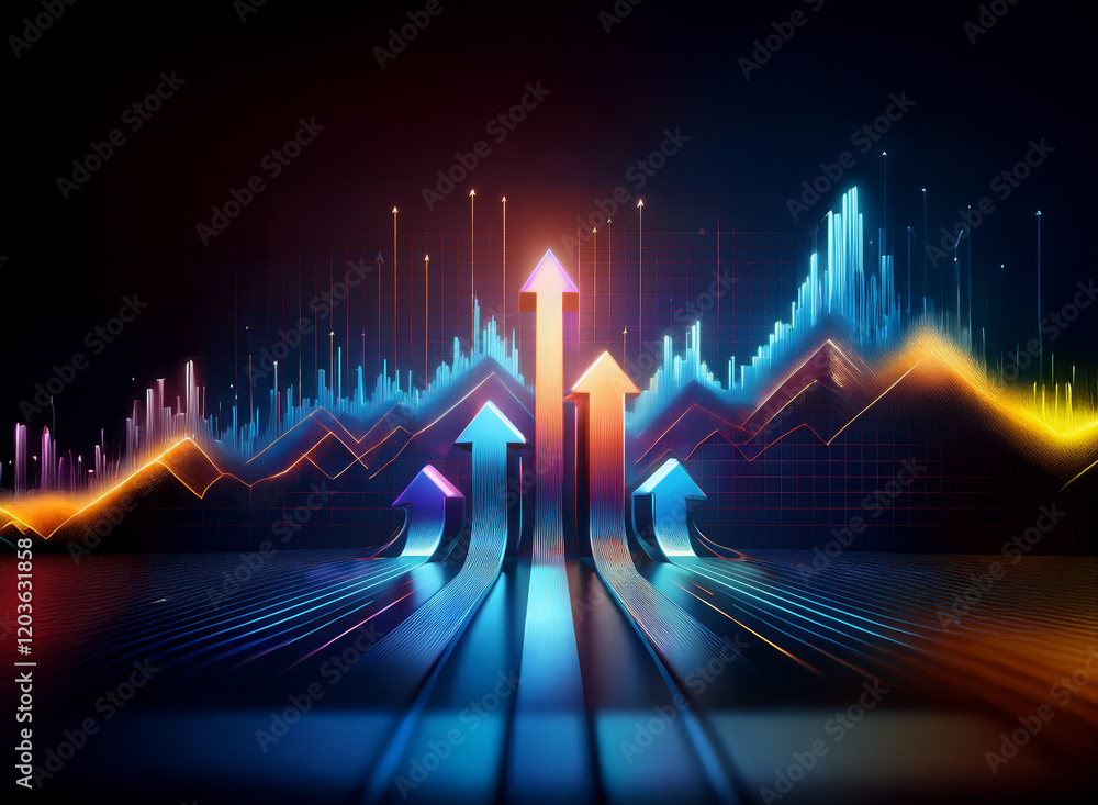 Poster vibrant upward trending arrows pierce a dark background of dynamic data visualizations, symbolizing 
