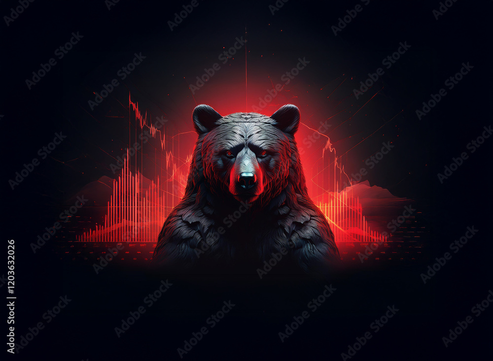 Aufkleber A dark, imposing bear statue is illuminated by a red, glowing background featuring a dynamic graph.  The image evokes themes of power, market trends, and financial uncertainty.