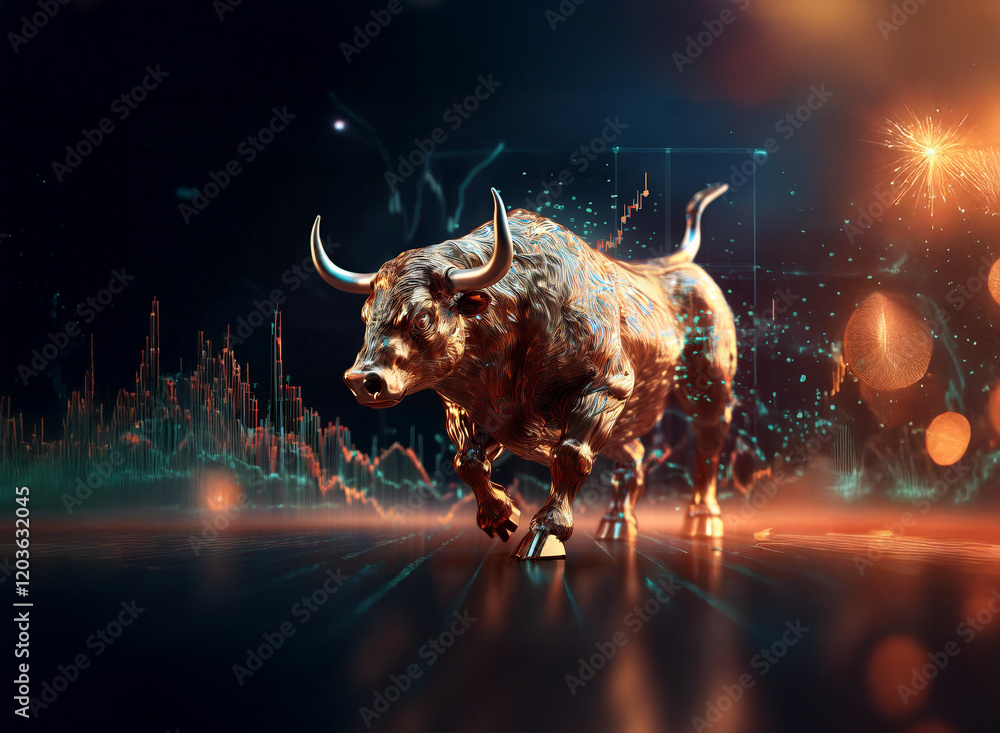 Aufkleber A powerful golden bull charges forward against a backdrop of dynamic data visualizations, symbolizing financial strength and market growth.  Sparks and bokeh lights add to the dramatic effect.